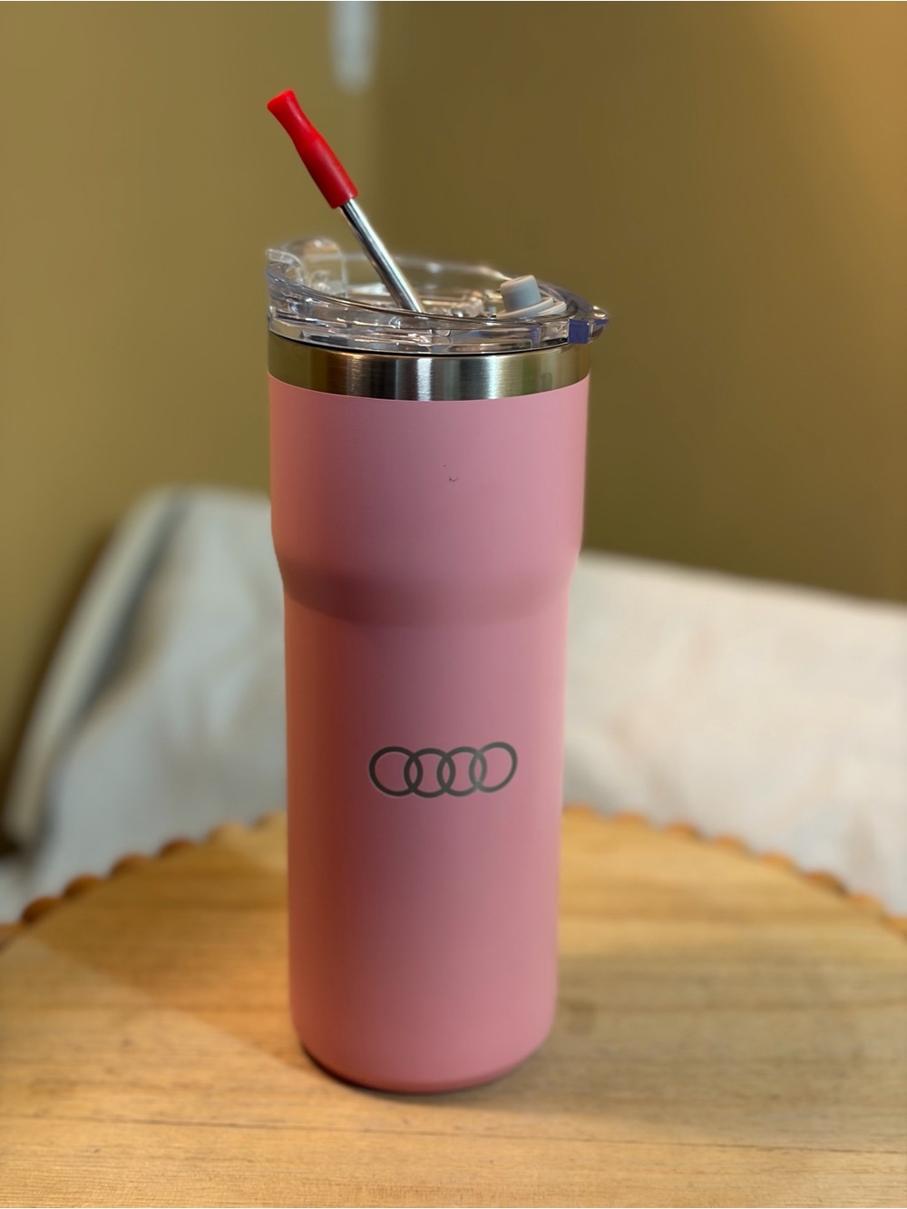 Audi Pink Insulated Travel Tumbler with Clear Lid and Straw